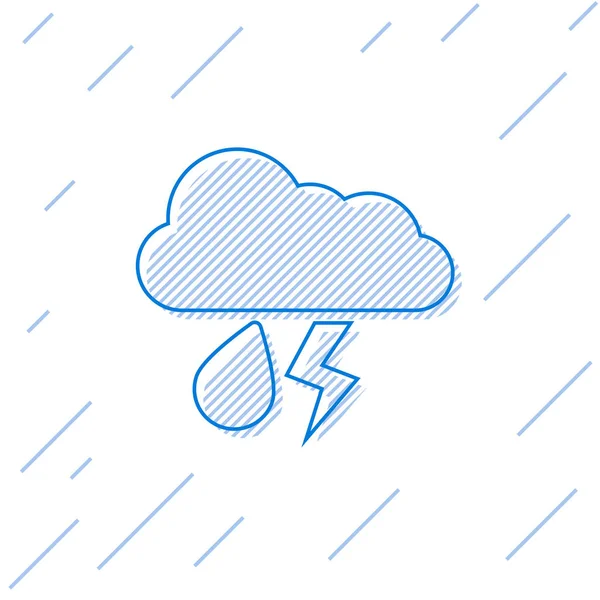 Blue Line Cloud med regn-och Lightning-ikonen isolerad på vit bakgrund. Regn moln nederbörd med regndroppar. Väder ikonen för storm. Vektor illustration — Stock vektor