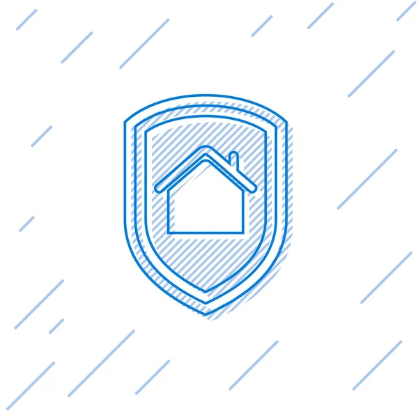 Μπλε γραμμή σπίτι υπό προστασία εικονίδιο απομονώνεται σε λευκό φόντο. Σπίτι και ασπίδα. Προστασία, ασφάλεια, ασφάλεια, προστασία, έννοια της άμυνας. Απεικόνιση διανυσματικών φορέων — Διανυσματικό Αρχείο