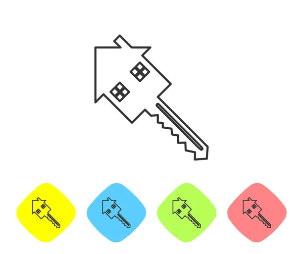 Šedý spojnicový dům s klíčovou ikonou izolovanou na bílém pozadí. Koncept domu na klíč. Nastavení ikon v barevných tlačítkách Rhombus. Vektorová ilustrace — Stockový vektor