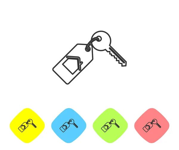 Ligne grise Maison avec icône clé isolée sur fond blanc. Le concept de la maison clé en main. Définir des icônes dans les boutons couleur losange. Illustration vectorielle — Image vectorielle