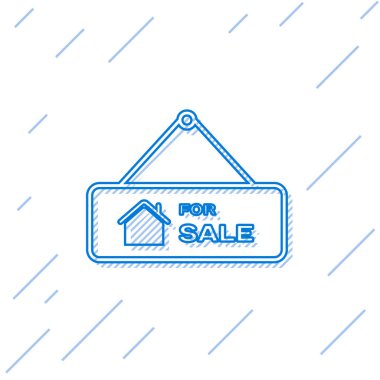 Beyaz arka planda yalıtılmış satılık simgesi ile mavi çizgi Asılı işareti. Satılık metin li tabela. Vektör İllüstrasyonu