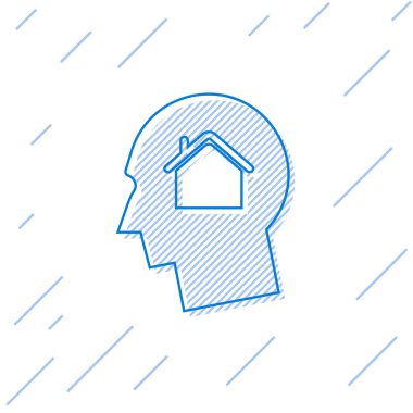 Mavi çizgi Man beyaz arka plan üzerinde izole yeni bir ev simgesi satın alma hakkında hayal. Vektör İllüstrasyonu