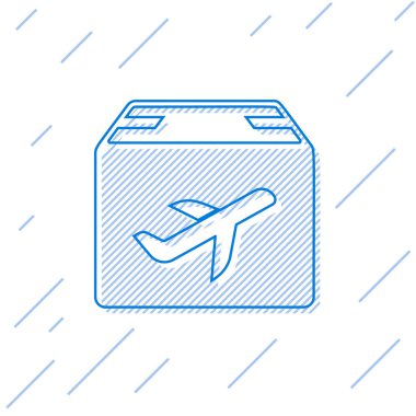 Mavi çizgi Düzlem ve karton kutu simgesi beyaz arka plan üzerinde izole. Teslimat, nakliye. Hava yoluyla kargo teslimatı. Koliler, kutular olan uçaklar. Vektör İllüstrasyonu