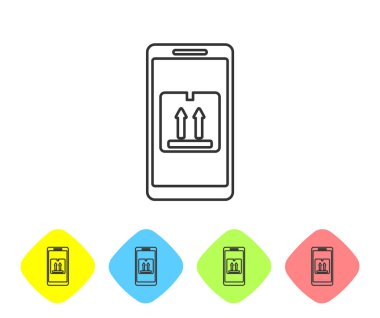 Grey line Mobile smart phone with app delivery tracking icon on white background. Parcel tracking. Set icons in color rhombus buttons. Vector Illustration