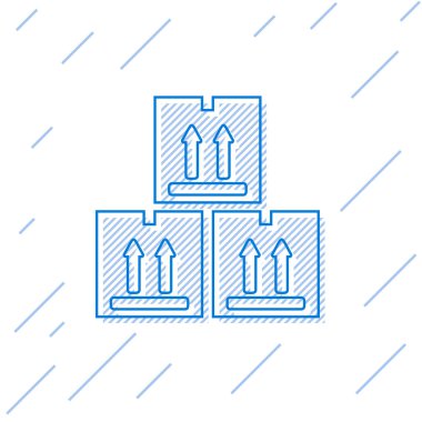 Beyaz arka planda izole trafik sembolü simgesi ile Mavi çizgi Karton kutu. Kutu, paket, paket tabelası. Teslimat, nakliye ve nakliye. Vektör İllüstrasyonu