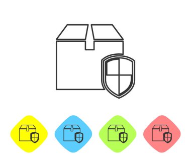 Gri çizgi Teslim paketi beyaz arka plan üzerinde kalkan simgesi ile güvenlik sembolü. Teslimat sigortası. Kalkanın ötesindeki karton kutular sigortalı. Renk eşkenar dörtgen düğmelerinde simgeleri ayarlayın. Vektör İllüstrasyonu