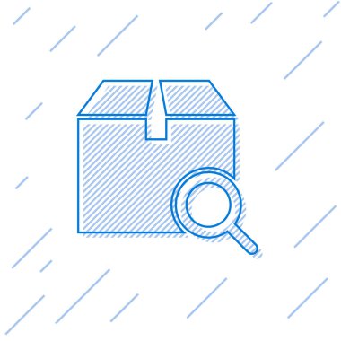 Mavi çizgi Arama paketi simgesi beyaz arka planda yalıtılmış. Parsel izleme sembolü. Büyüteç ve karton kutu. Lojistik ve teslimat. Vektör İllüstrasyonu