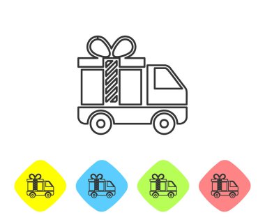 Gri çizgi Teslim kamyon beyaz arka plan üzerinde hediye simgesi ile. Renk eşkenar dörtgen düğmelerinde simgeleri ayarlayın. Vektör İllüstrasyonu