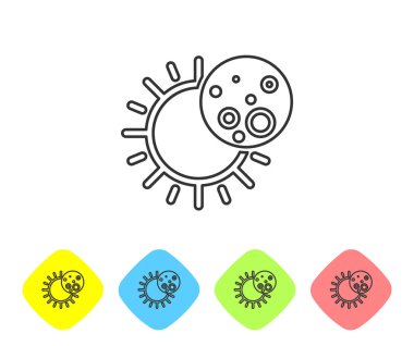 Güneş tutulmasının gri çizgisi beyaz arka planda izole edilmiş. Tam sonar tutulması. Renkli eşkenar dörtgen düğmelerine simgeleri yerleştir. Vektör İllüstrasyonu