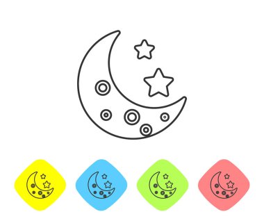 Gri çizgi Ay ve yıldızlar simgesi beyaz arka planda yalıtılmış. Renk eşkenar dörtgen düğmelerinde simgeleri ayarlayın. Vektör İllüstrasyonu