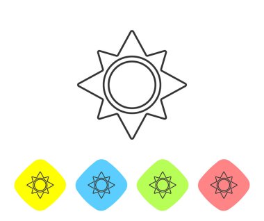 Gri çizgi Güneş simgesi beyaz arka plan üzerinde izole. Renk eşkenar dörtgen düğmelerinde simgeleri ayarlayın. Vektör İllüstrasyonu