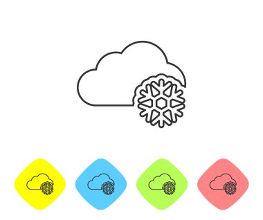 Beyaz arka planda kar ikonu olan gri çizgi bulutu. Kar taneli bulut. Tek hava ikonu. Kar tabelası. Renkli eşkenar dörtgen düğmelerine simgeleri yerleştir. Vektör İllüstrasyonu