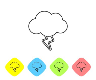 Gri çizgi Storm simgesi beyaz arkaplanda izole edildi. Bulut ve şimşek işareti. Fırtınanın hava durumu ikonu. Renkli eşkenar dörtgen düğmelerine simgeleri yerleştir. Vektör İllüstrasyonu