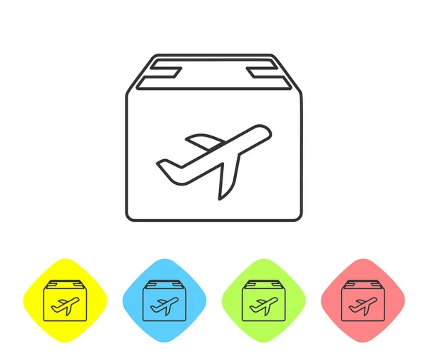 Γκρι γραμμή επίπεδο και το εικονίδιο κουτί από χαρτόνι σε λευκό φόντο. Παράδοση, μεταφορά. Παράδοση φορτίου αεροπορικώς. Αεροπλάνο με δέματα, κουτιά. Ορίστε εικονίδια σε έγχρωμα κουμπιά ρόμβος. Απεικόνιση διανυσματικών φορέων — Διανυσματικό Αρχείο