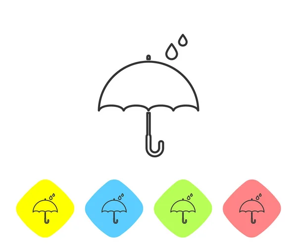 Grey line Umbrella and rain drops icon on white background. Waterproof icon. Protection, safety, security concept. Water resistant symbol. Set icons in color rhombus buttons. Vector Illustration — Stock Vector
