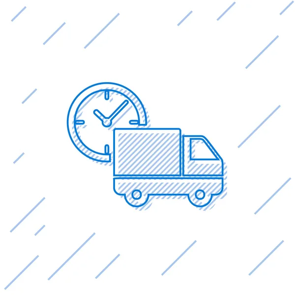 Μπλε γραμμή παροχής εφοδιαστικής φορτηγό και το ρολόι εικονίδιο απομονώνεται σε λευκό φόντο. Εικονίδιο χρόνου παράδοσης. Απεικόνιση διανυσματικών φορέων — Διανυσματικό Αρχείο