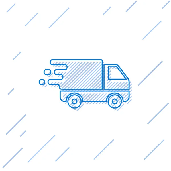 Línea azul Camión de reparto en icono de movimiento aislado sobre fondo blanco. Camión de envío rápido. Ilustración vectorial — Archivo Imágenes Vectoriales