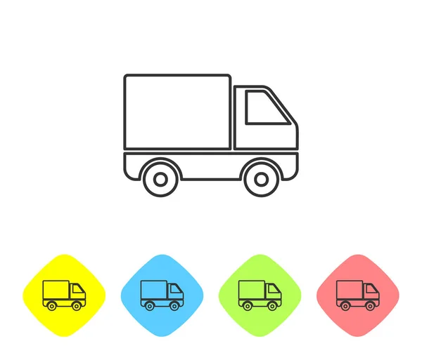 Linea grigia consegna camion carico icona del veicolo su sfondo bianco. Imposta icone nei pulsanti rombo a colori. Illustrazione vettoriale — Vettoriale Stock
