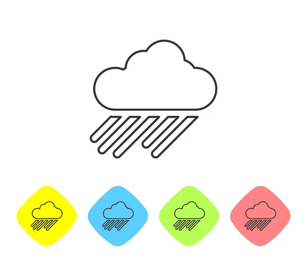 Grey line Cloud with rain icon isolated on white background. Rain cloud precipitation with rain drops. Set icons in color rhombus buttons. Vector Illustration — Stock Vector