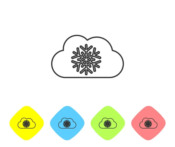 Nube de línea gris con icono de nieve aislado sobre fondo blanco. Nube con copos de nieve. Icono de tiempo único. Signo de niebla. Establecer iconos en los botones de rombo de color. Ilustración vectorial — Vector de stock