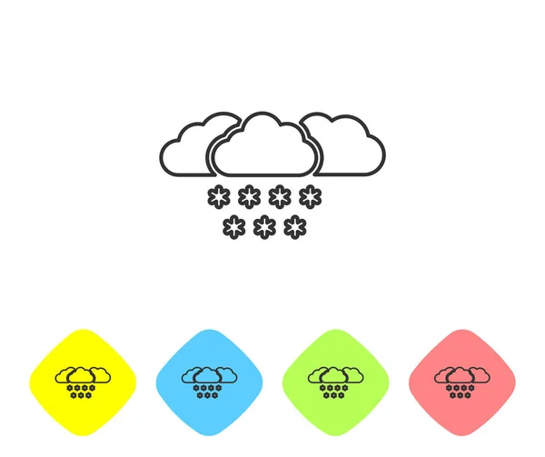 Linha cinza Nuvem com ícone de neve isolado no fundo branco. Nuvem com flocos de neve. Ícone meteorológico único. Sinal de nevar. Definir ícones em botões de losango de cor. Ilustração vetorial —  Vetores de Stock