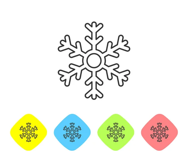 Línea gris Icono de copo de nieve aislado sobre fondo blanco. Establecer iconos en los botones de rombo de color. Ilustración vectorial — Archivo Imágenes Vectoriales