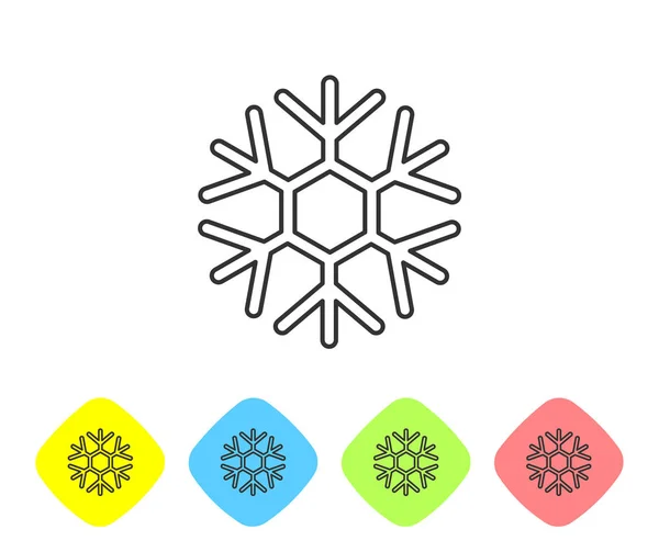 Línea gris Icono de copo de nieve aislado sobre fondo blanco. Establecer iconos en los botones de rombo de color. Ilustración vectorial — Vector de stock