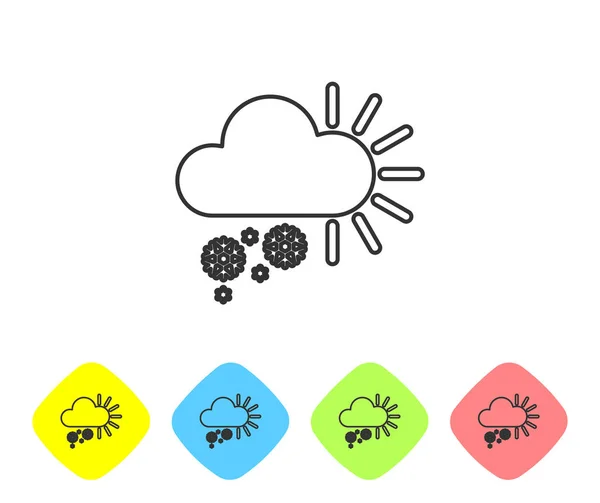 Grijze lijn bewolkt met sneeuw icoon geïsoleerd op witte achtergrond. Wolk met sneeuwvlokken. Pictogram voor één weer. Snowing teken. Pictogrammen instellen in de kleuren Rhombus-knoppen. Vector illustratie — Stockvector