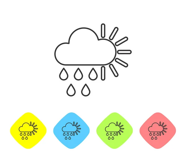 灰色线 多云，雨和太阳图标隔离在白色背景上。雨云降水与雨滴。在彩色菱形按钮中设置图标。矢量插图 — 图库矢量图片