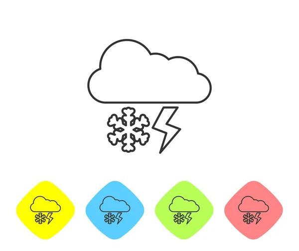 Graue Linie Wolke mit Schnee und Blitz-Symbol isoliert auf weißem Hintergrund. Wolke mit Schneeflocken. einzelnes Wettersymbol. Schneeschild. setzen Sie Symbole in farbigen Rautenknöpfen. Vektorillustration — Stockvektor