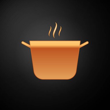 Siyah arka planda izole edilmiş altın tencere ikonu. Haşlama ya da güveç besin sembolü. Vektör İllüstrasyonu