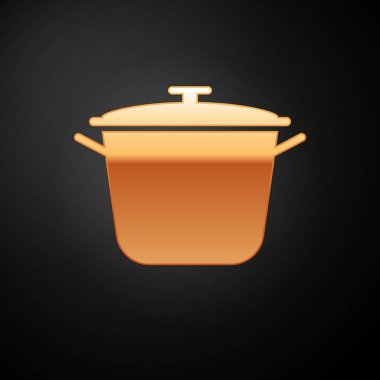 Siyah arka planda izole edilmiş altın tencere ikonu. Haşlama ya da güveç besin sembolü. Vektör İllüstrasyonu