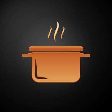 Siyah arka planda izole edilmiş altın tencere ikonu. Haşlama ya da güveç besin sembolü. Vektör İllüstrasyonu