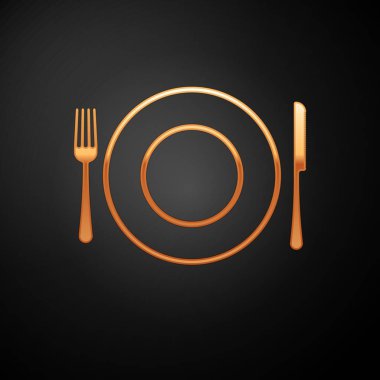 Altın Plaka, çatal ve bıçak simgesi siyah arka plan üzerinde izole. Çatal bıçak takımı sembolü. Restoran tabelası. Vektör İllüstrasyonu