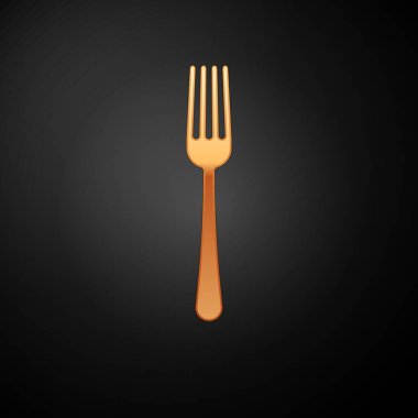 Siyah arka planda yalıtılmış Altın Çatal simgesi. Çatal bıçak takımı sembolü. Vektör İllüstrasyonu