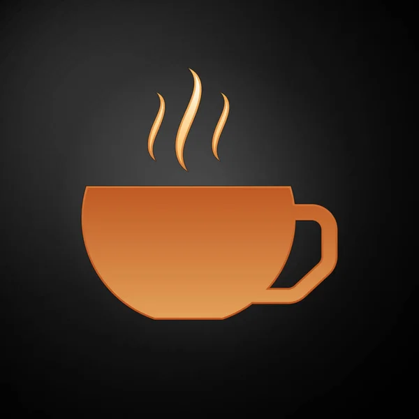 Icono plano taza de café dorado aislado sobre fondo negro. Taza de té. Café caliente. Ilustración vectorial — Archivo Imágenes Vectoriales