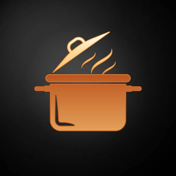 Złota ikona gotowania garnka izolowane na czarnym tle. Gotować lub dusić symbol żywności. Ilustracja wektora — Wektor stockowy