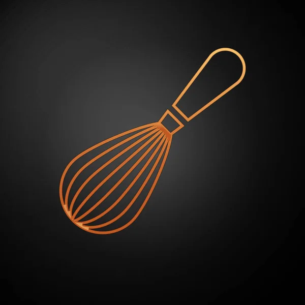 Goldener Küchenbesen Ikone isoliert auf schwarzem Hintergrund. Kochgeschirr, Eierbecher. Besteckschild. Lebensmittel-Mix-Symbol. Vektorillustration — Stockvektor