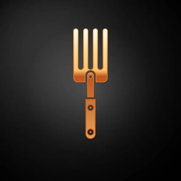 Gold Garden fork icon isolated on black background. Pitchfork icon. Tool for horticulture, agriculture, farming. Vector Illustration — Stock Vector