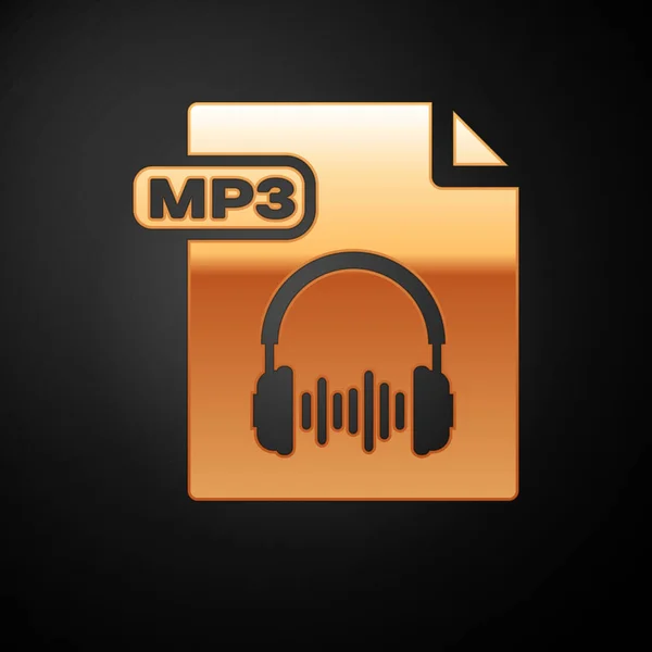 Documento de archivo MP3 de oro. Descargar icono del botón mp3 aislado sobre fondo negro. Signo de formato de música Mp3. Símbolo de archivo MP3. Ilustración vectorial — Vector de stock