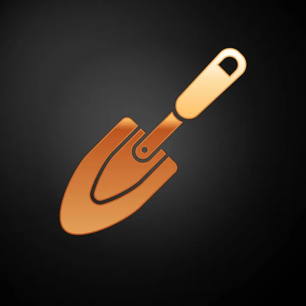 Gold Garden trowel spade or shovel icon isolated on black background. Gardening tool. Tool for horticulture, agriculture, farming. Vector Illustration — Stock Vector