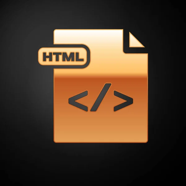Documento de archivo HTML de oro. Descargar icono del botón html aislado sobre fondo negro. Símbolo archivo HTML. Símbolo de lenguaje de marcado. Ilustración vectorial — Vector de stock