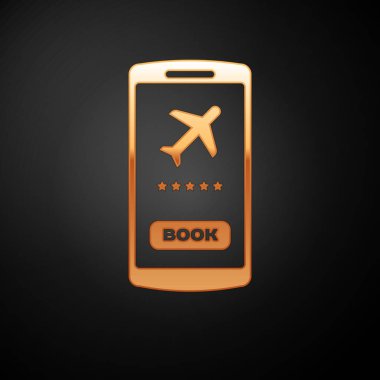 Siyah arka plan üzerinde izole elektronik biniş kartı uçak bileti simgesi ile Altın Smartphone. Web ve uygulama için yolcu uçağı mobil bilet. Vektör İllüstrasyon