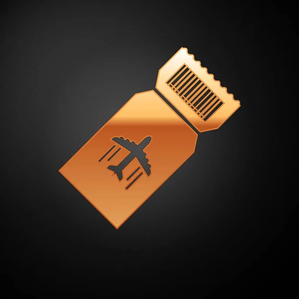 Goldenes Symbol für Flugtickets auf schwarzem Hintergrund. Flugticket. Vektorillustration — Stockvektor
