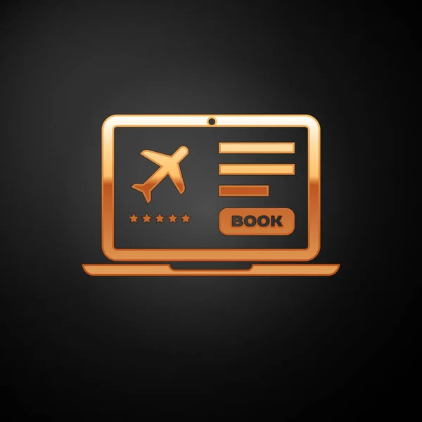 Gold Laptop mit elektronischer Bordkarte Flugticket Symbol isoliert auf schwarzem Hintergrund. Handyticket für das Passagierflugzeug für Web und App. Vektorillustration — Stockvektor