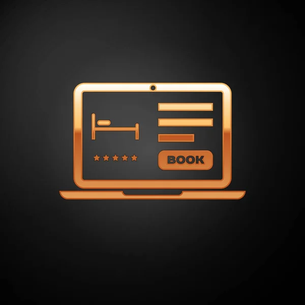 Arany Online Szobafoglalás ikon izolált fekete háttér. Online foglalási tervezési koncepció laptop. Vektoros illusztráció — Stock Vector