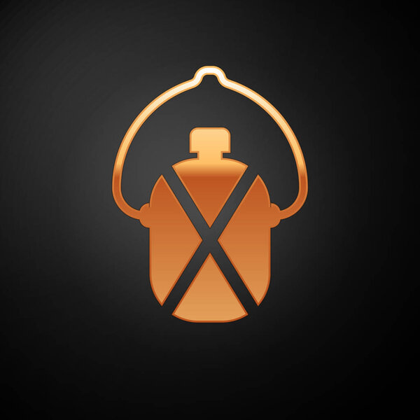 Gold Canteen water bottle icon isolated on black background. Tourist flask icon. Jar of water use in the campaign. Vector Illustration