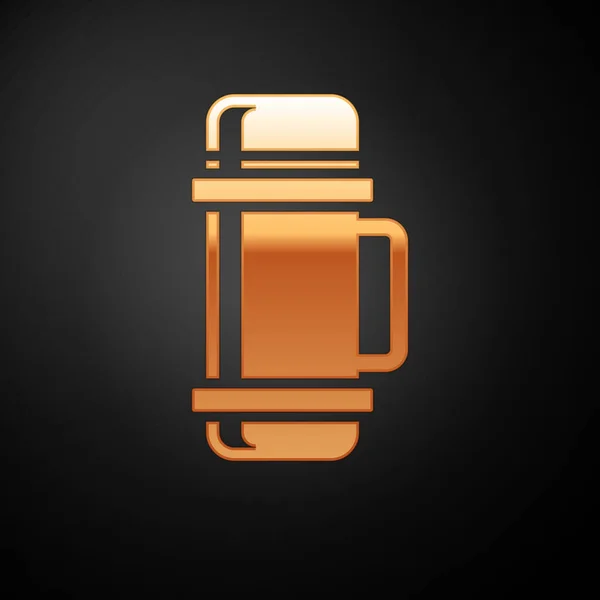 Gold Thermos container icon isolated on black background. Thermo flask icon. Camping and hiking equipment. Vector Illustration — Stock Vector