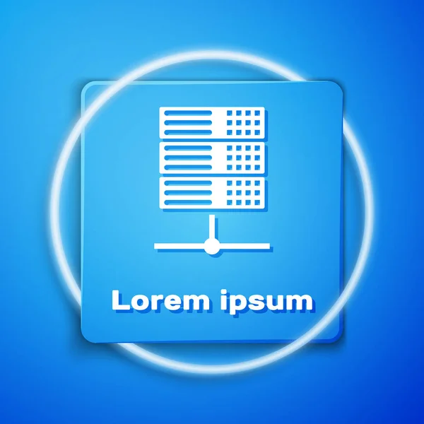 Білий сервер, дані, піктограма веб-хостингу ізольовано на синьому фоні. Блакитна квадратна кнопка. Векторна ілюстрація — стоковий вектор
