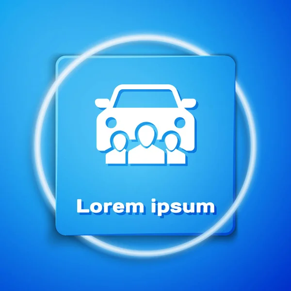 White Car sharing with group of people icon isolated on blue background. Carsharing sign. Transport renting service concept. Blue square button. Vector Illustration — Stock Vector